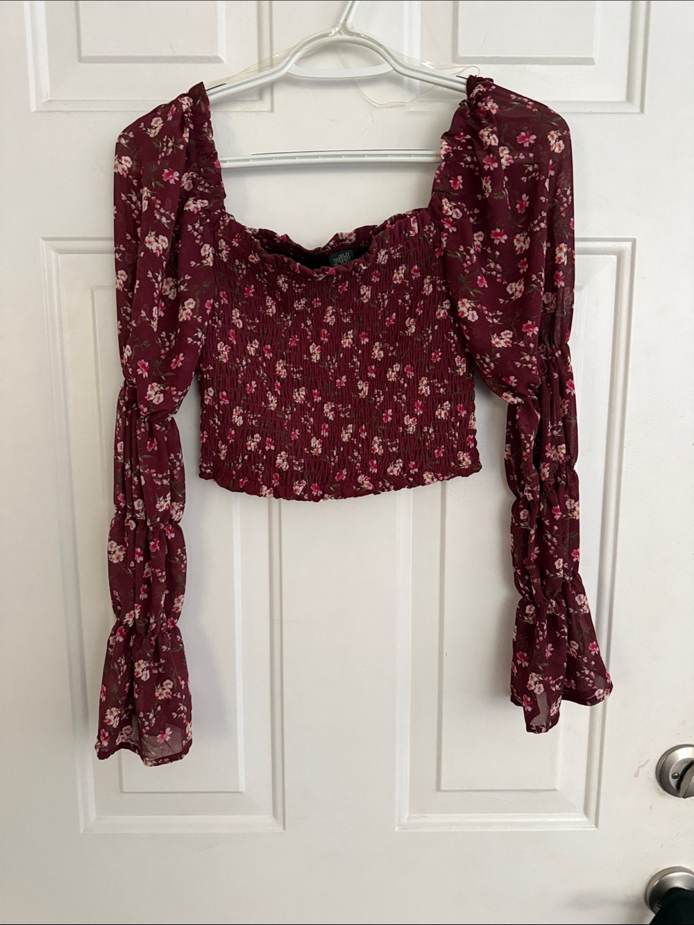 Wild Fable Burgundy Floral Smocked Off-Shoulder Crop Top with cream green